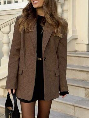 Classic Brown Tweed Leather Lapel Double-Breasted Blazer Jacket Coat
